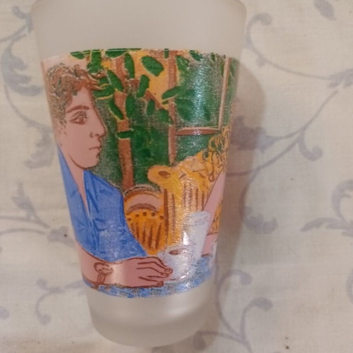 Loumidis Papagalos coffee promotional glass with G. Stathopoulos painting