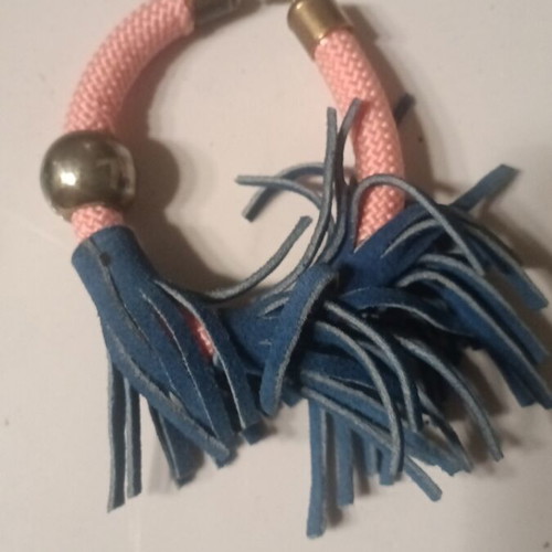 Handmade bracelet pink with blue leather tassels like new