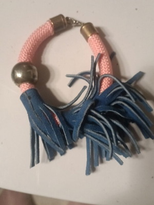 Handmade bracelet pink with blue leather tassels like new