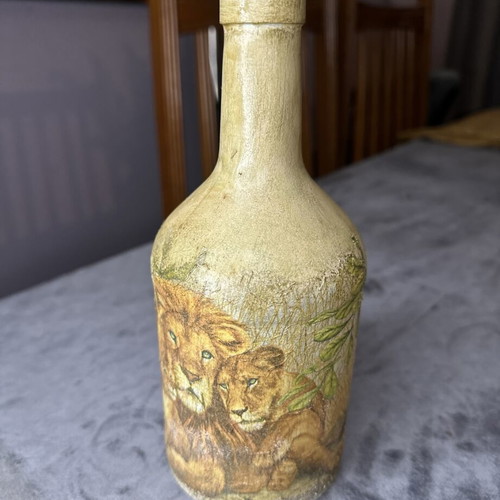 Handmade bottle with decoupage lion family theme, new