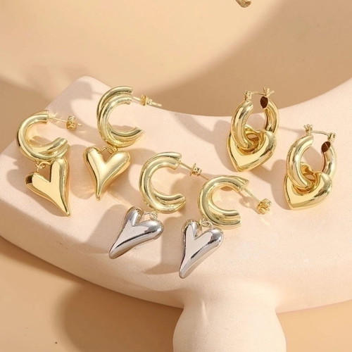 Earrings double hoops with hanging heart stainless steel new, silver
