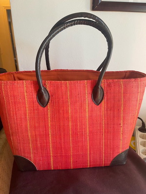 Thiros fabric handbag with leather handles like new, brown and red