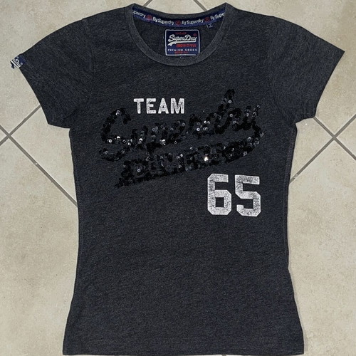 Superdry Women T-Shirt charcoal grey sequin logo Team 65 size S like new
