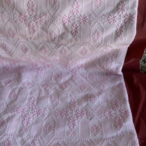 Wool woven blanket new with handmade lace edging pink