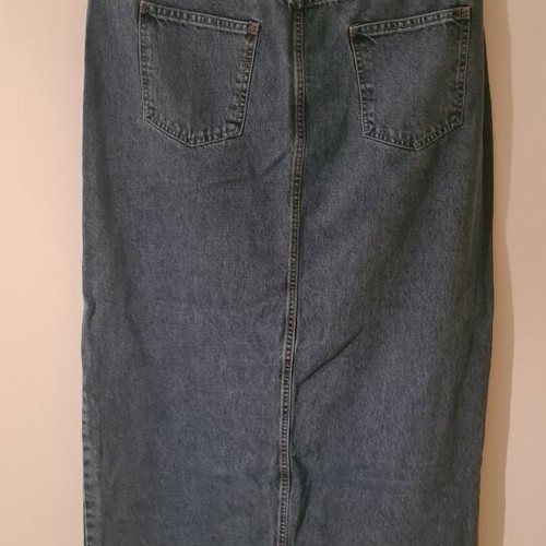 Pink Woman denim skirt new, long with front side slit, blue, size L