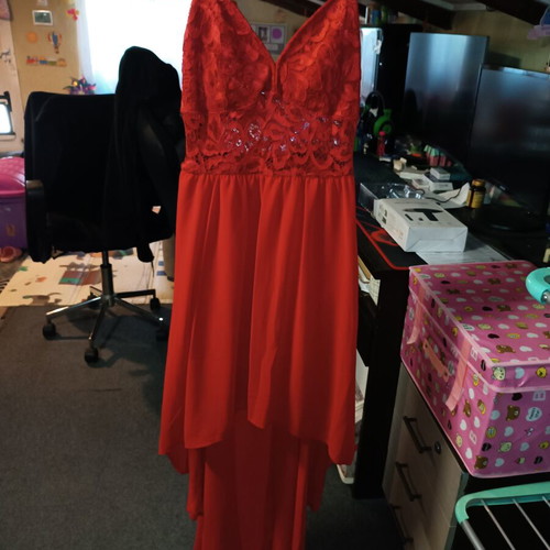 Asymmetric red evening dress like new, size S, lace detail