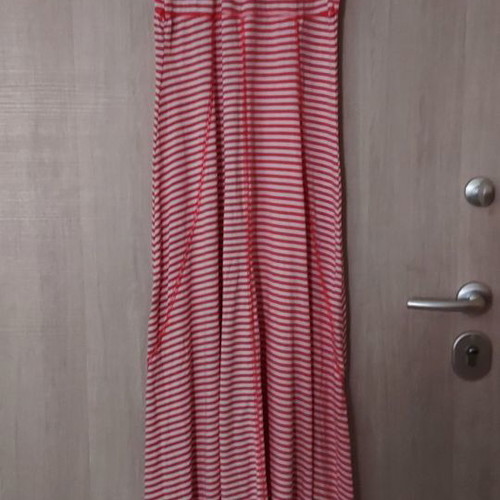 Cotton striped maxi dress orange-white used, with thin straps