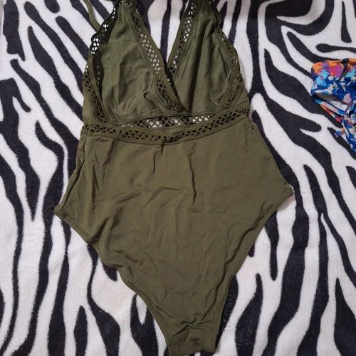 One-piece swimsuit used, khaki with embroidered boho details