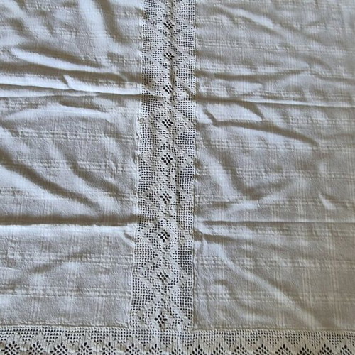 Linen square with handmade crochet lace new, beige 90x90cm