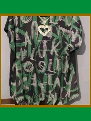 Blouse in green and gray shades with beautiful design, tie hem