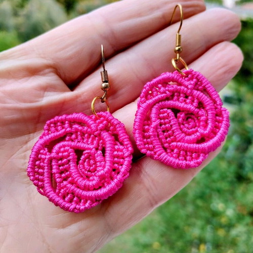 Handmade Boho Rose Micro Macrame Earrings made to order pink gold