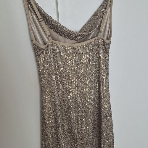 Moutaki mini dress like new, beige and gold sequins, draped bust