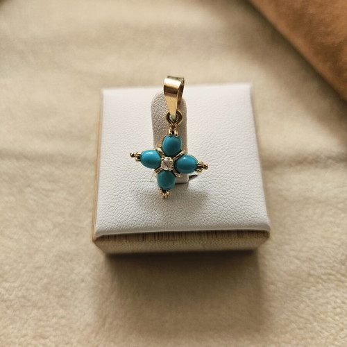 Gold cross 585 14K with turquoise and zircon used