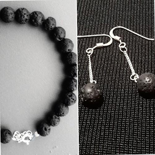 Santorini jewelry set with silver 925 lava stone bracelet and earrings
