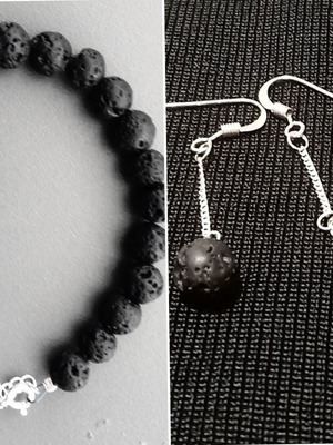 Santorini jewelry set with silver 925 lava stone bracelet and earrings
