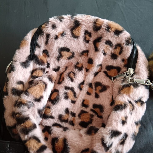 Pink furry bag with leopard animal print and pink velvet mini backpack like new
