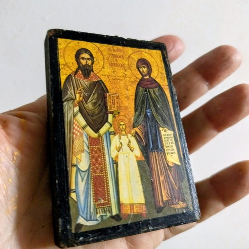 Wooden Orthodox icon used with Saint Raphael, Saint Nicholas & Saint Irene