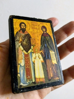 Wooden Orthodox icon used with Saint Raphael, Saint Nicholas & Saint Irene
