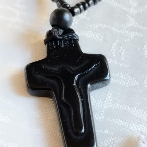 Men's Rosary Necklace with Black Cross and Beads, New