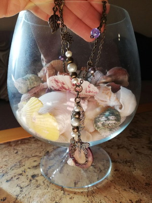 Handmade art jewelry set with long necklace and pearl earrings, like new