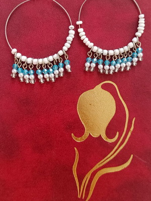 Boho hoop earrings like new, possibly silver, blue beads