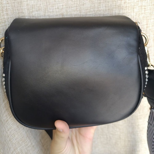 Black crossbody bag with embossed silver rhinestones