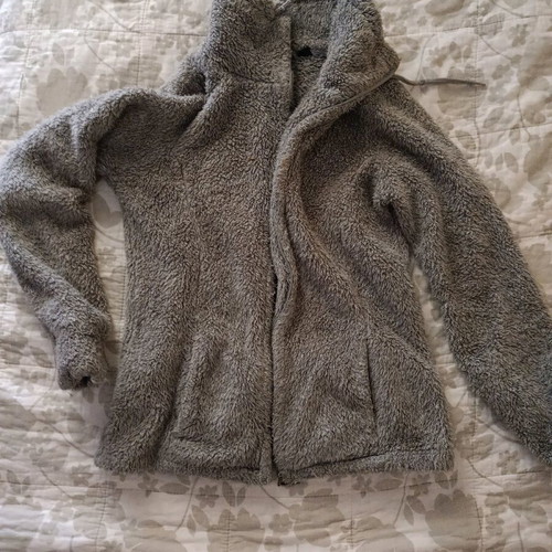 Fuzzy gray cardigan used, size S with thumb holes on sleeves