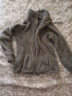 Fuzzy gray cardigan used, size S with thumb holes on sleeves