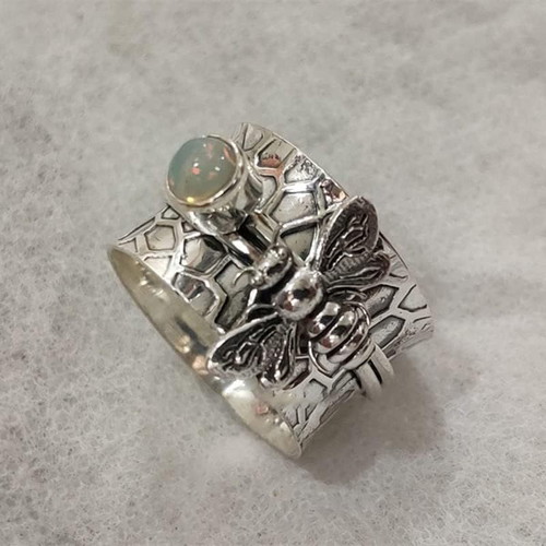 Vintage ring with white opal and bee design, new