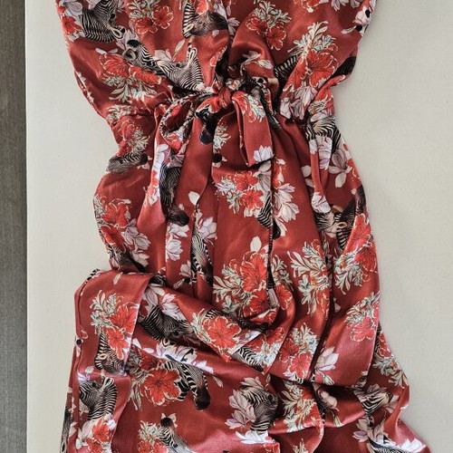 Cocktail midi dress Milkwhite like new, red animal print satin