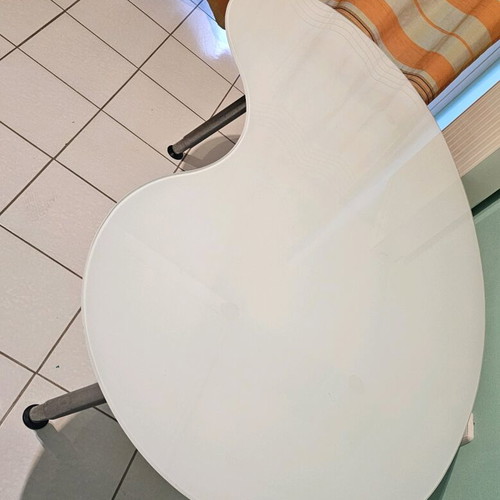 IKEA Galant desk used with glass bean-shaped curved surface