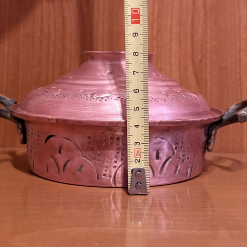 Vintage low copper pot with lid handmade carved polished
