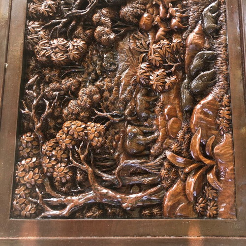 Handcrafted carved wood table with elephants and matching stool, Asian style