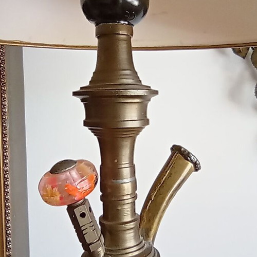 Vintage handmade table lamp with thick blue glass and brass, like new