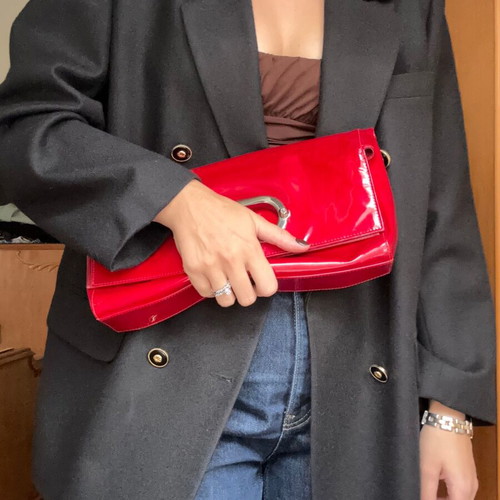 Stuart Weitzman red leather patent clutch bag like new