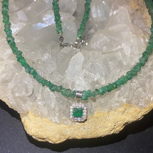Handmade necklace with natural emeralds and moissanites, silver 925