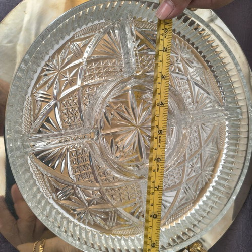 Vintage serving set with crystal platter and gold tray