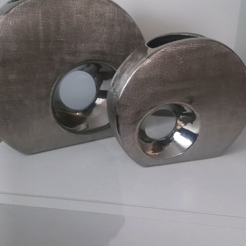 Decorative vases used, set of 2 gray silver flowerpots