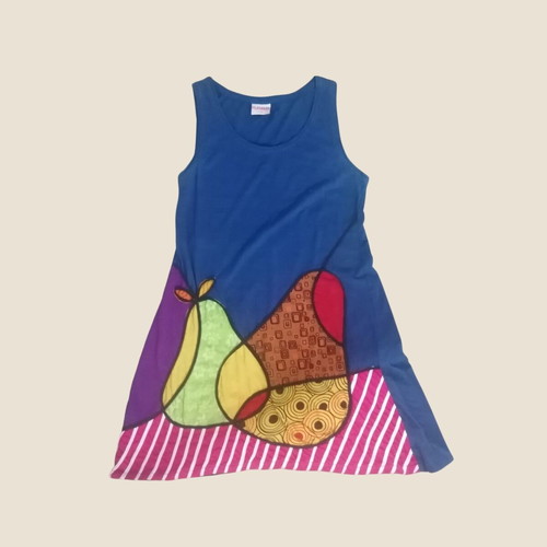 Boho cotton dress used, blue with colorful patchwork, S-M