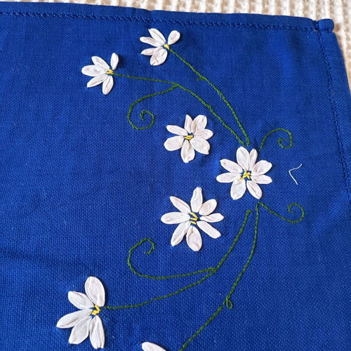 Handmade table runner blue with ribbon embroidery and lace 85x37
