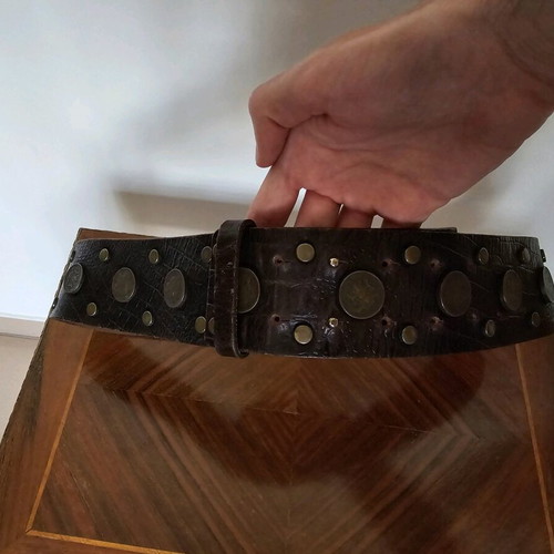 Flavio Castellani leather belt like new, dark brown, size 80 with studs and coins