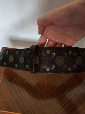 Flavio Castellani leather belt like new, dark brown, size 80 with studs and coins