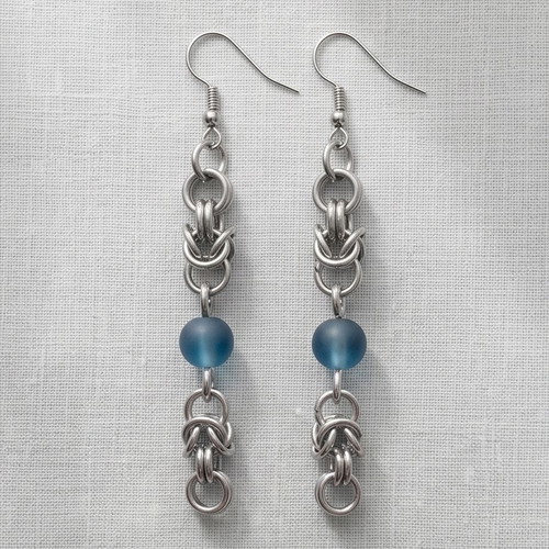 Chainmail earrings Byzantine weave with blue beads, new steel