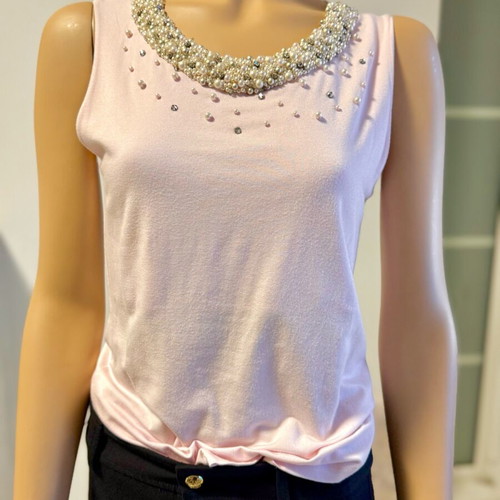 Pink top with pearls and crystals neckline, like new, M/L