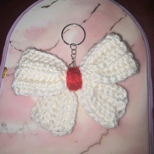 Handmade knitted keychain new, white with red