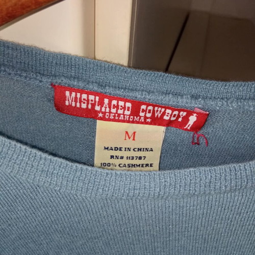 Misplaced Cowboy Oklahoma men's 100% cashmere turquoise shirt like new