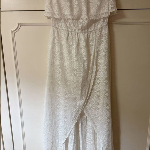 Lynne white long strapless lace dress