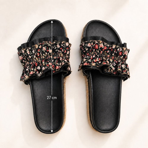 Black women's slippers with floral ruffles size 41, like new