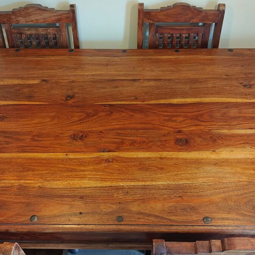 Indian Art Palace dining set, handmade solid wood with metal details