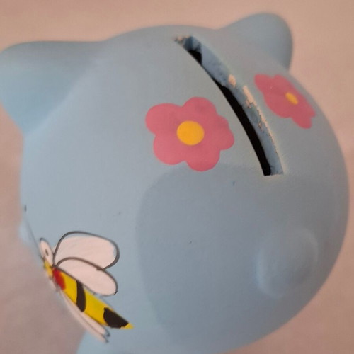 Decorative piggy bank used, blue with flowers and bees, 7.5 cm